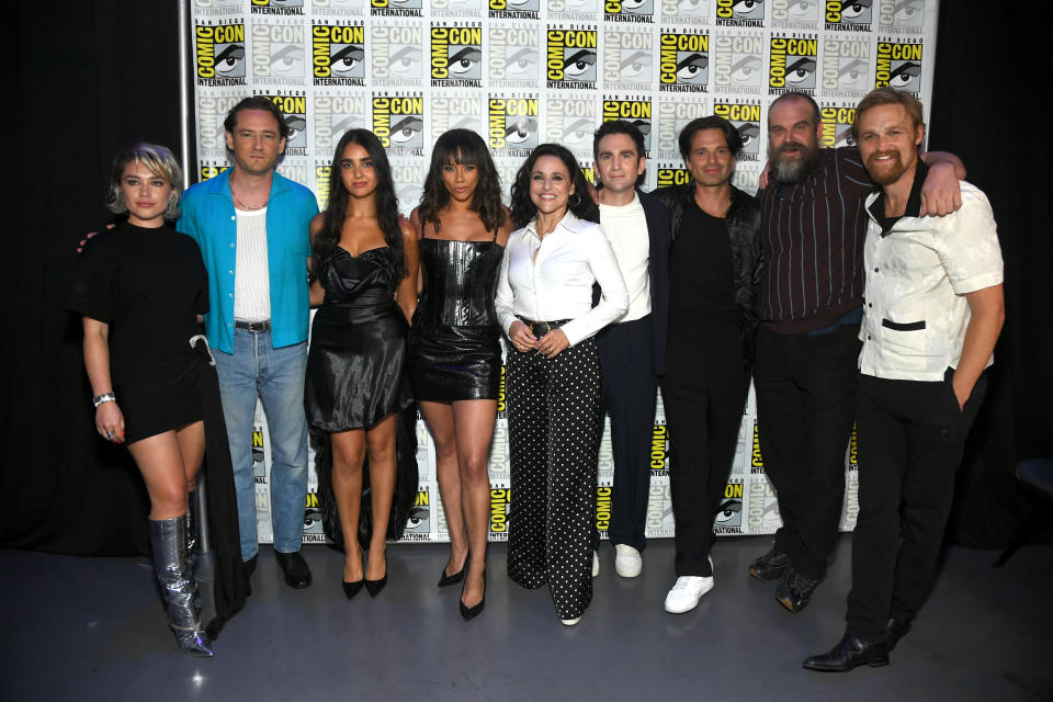 Florence Pugh, Lewis Pullman, Geraldine Viswanathan, Hannah John-Kamen, Julia Louis-Dreyfus, Jake Schreier, Sebastian Stan, David Harbour and Wyatt Russell attend SDCC 2024