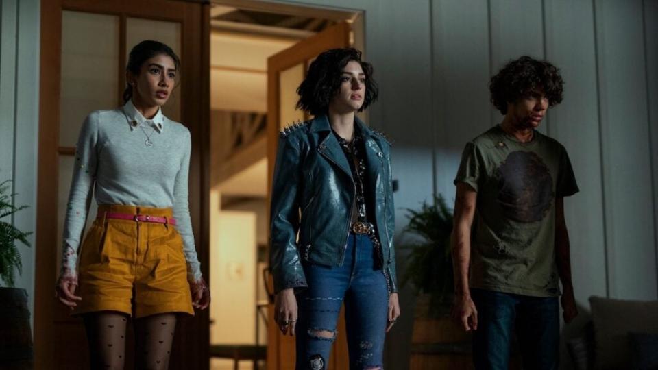 The Imperfects. (L to R) Rhianna Jagpal as Abby Singh, Morgan Taylor Campbell as Tilda Weber, Iñaki Godoy as Juan Ruiz in episode 106 of The Imperfects. Cr. Dan Power/Netflix © 2022