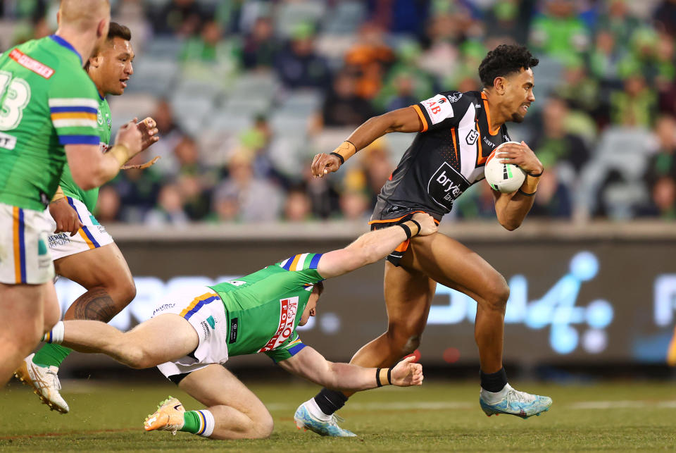 CANBERRA, AUSTRALIA - AUGUST 06: Jahream Bula of the Tigers in action during the round 23 NRL match between Canberra Raiders and Wests Tigers at GIO Stadium on August 06, 2023 in Canberra, Australia. (Photo by Mark Nolan/Getty Images)