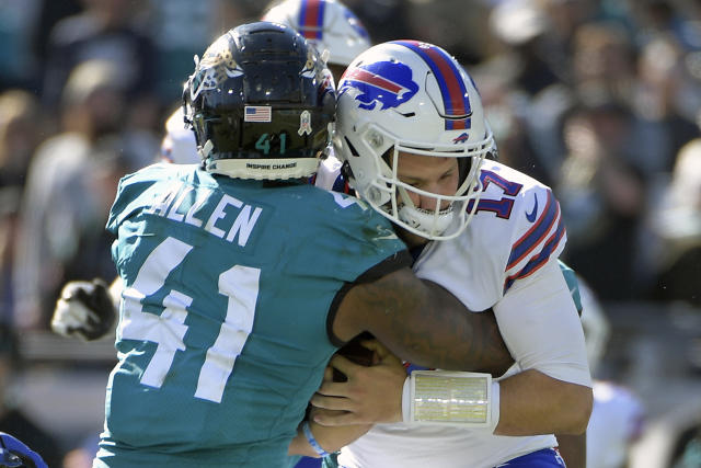 Jacksonville Jaguars linebacker Josh Allen (41) comes off the field during  the second half of an NFL football game against the Buffalo Bills, Sunday,  Nov. 7, 2021, in Jacksonville, Fla. (AP Photo/Phelan