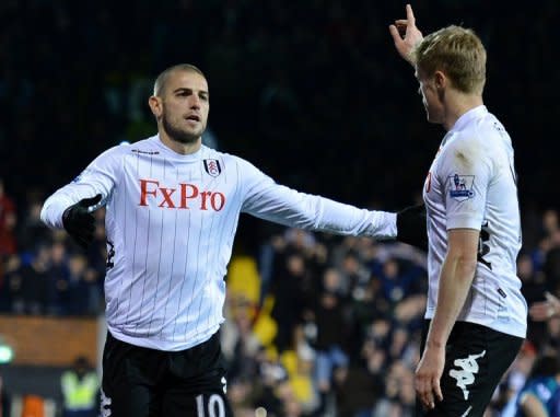 Fulham's Mladen Petric (L) and Damien Duff during a Premier League match on November 18. Fulham will attempt to claim a first win at Stamford Bridge in 33 years on the back of successive defeats and a run of five games without a win