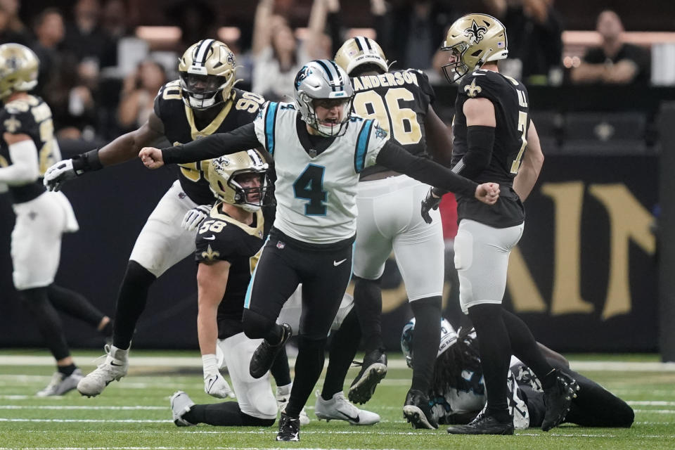 Carolina Panthers place kicker Eddy Pineiro celebrates after kicking the winning field goal during the second half an NFL football game between the Carolina Panthers and the New Orleans Saints in New Orleans, Sunday, Jan. 8, 2023. (AP Photo/Gerald Herbert)