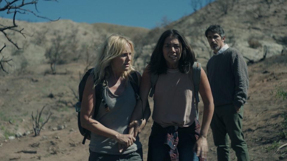 Malin Akerman (far left) and Lorenza Izzo star as two women who escape into the New Mexico desert but have visions of the cult leader (Chris Messina) they left behind in the twisty thriller "The Aviary."