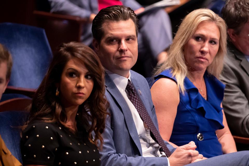 WASHINGTON, DC - OCTOBER 21: (L-R) Rep. Lauren Boebert (R-CO), Rep. Matt Gaetz (R-FL) and Rep. Marjorie Taylor Greene (R-GA) attend a House Judiciary Committee hearing with testimony from U.S. Attorney General Merrick Garland at the U.S. Capitol on October 21, 2021 in Washington, DC. (Photo by Michael Reynolds-Pool/Getty Images) ORG XMIT: 775727155 ORIG FILE ID: 1236029850