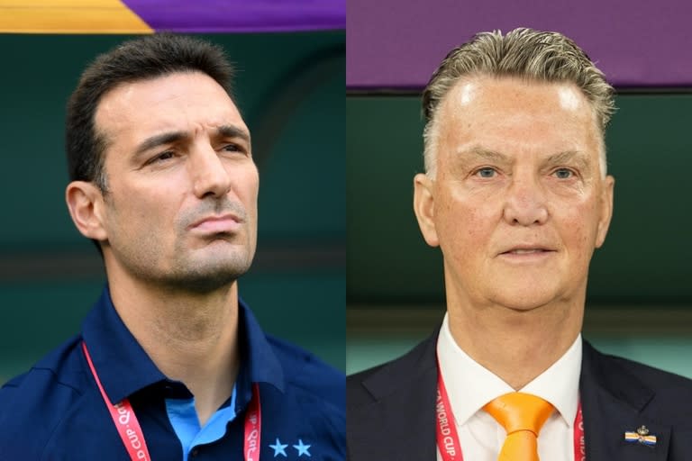 Lionel Scaloni, entrenador de la selección argentina, y Louis van Gaal, DT de Países Bajos