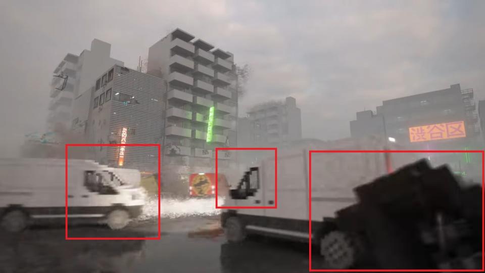 <span>Screenshot of the vehicles seen in the clip, with blocky textures marked in red by AFP</span>