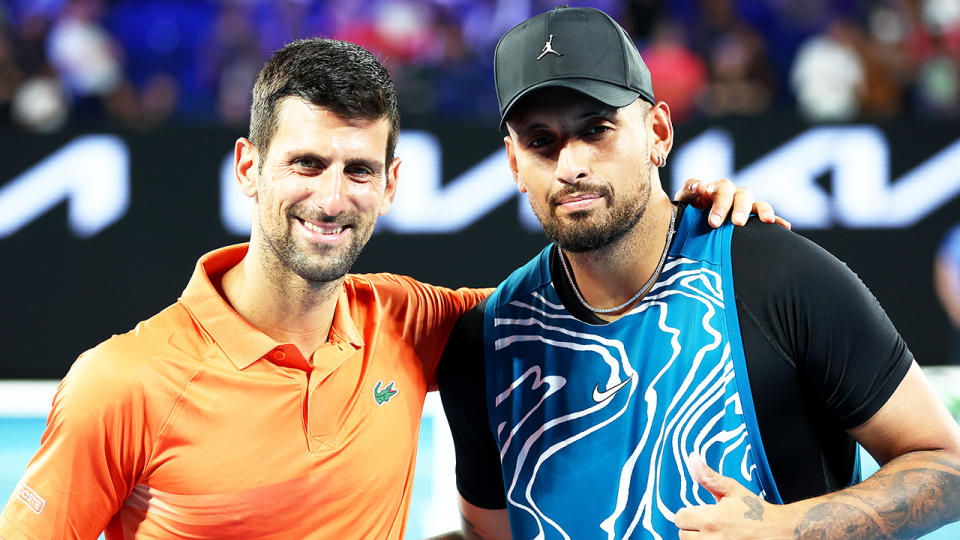 Novak Djokovic and Nick Kyrgios pose for a photo.