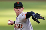 San Francisco Giants starting pitcher Anthony DeSclafani delivers during the first inning of the team's baseball game against the Pittsburgh Pirates in Pittsburgh, Thursday, May 13, 2021. (AP Photo/Gene J. Puskar)