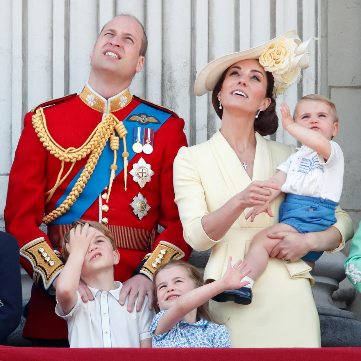 LONDON, UNITED KINGDOM - JUNE 08: (EMBARGOED FOR PUBLICATION IN UK NEWSPAPERS UNTIL 24 HOURS AFTER CREATE DATE AND TIME) Prince William, Duke of Cambridge, Catherine, Duchess of Cambridge, Prince Louis of Cambridge, Prince George of Cambridge and Princess Charlotte of Cambridge on the balcony of Buckingham Palace during Trooping The Colour, the Queen's annual birthday parade, on June 8, 2019 in London, England. The annual ceremony involving over 1400 guardsmen and cavalry, is believed to have first been performed during the reign of King Charles II. The parade marks the official birthday of the Sovereign, although the Queen's actual birthday is on April 21st. (Photo by Max Mumby/Indigo/Getty Images)