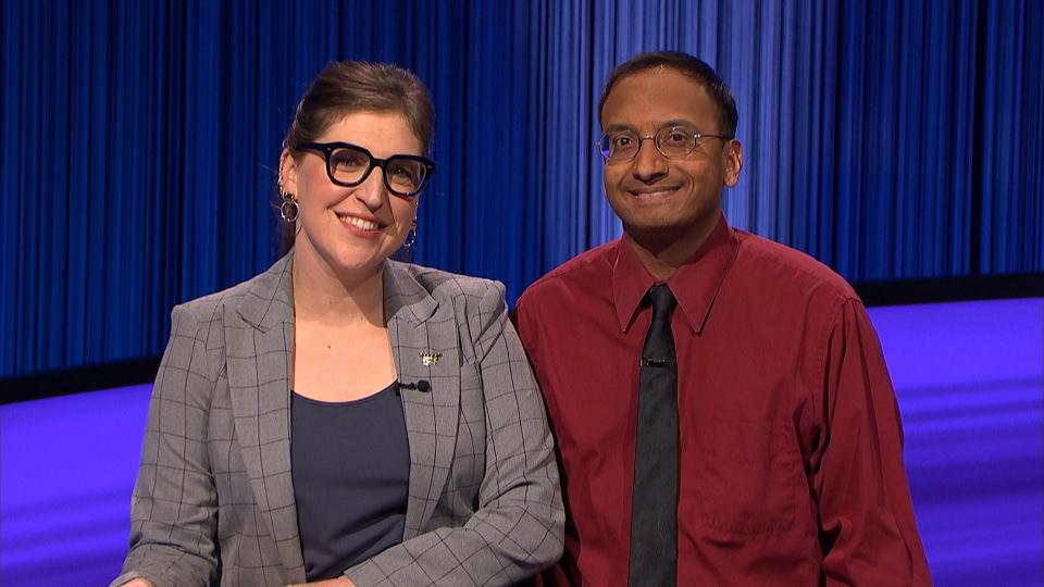 "Jeopardy!" host Mayim Bialik, left, and contestant Kiran MacCormick of Burlington.