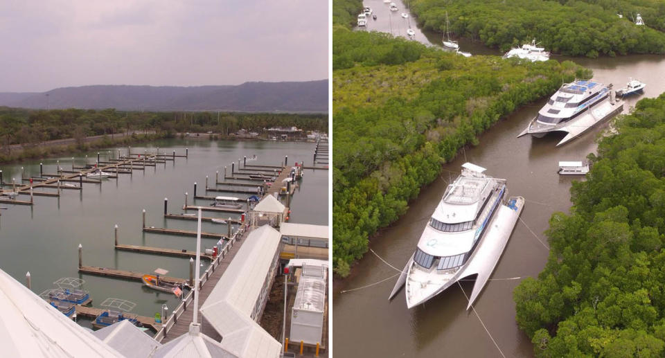 Side by side images of Port Douglas Marina taken two days apart. One busy and one empty. 