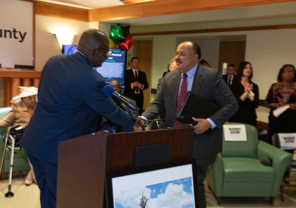 Martin Luther King, III, the son of Dr. Martin Luther King, Jr. is greeted by Spencer Chiimbwe, the Rockland County Human Rights Commissioner, before King spoke during the Rockland County Civil and Human Rights Hall of Fame reception at the Rockland County Pomona Health Complex Feb. 12, 2024.