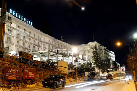 A night view shows the Steigenberger Belvedere hotel in the Swiss mountain resort of Davos, Switzerland, January 11, 2018 REUTERS/Arnd Wiegmann