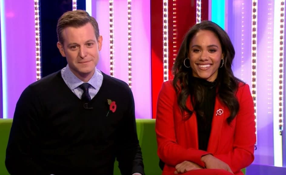 Matt Baker and Alex Scott (R) introduced Mirren with a showreel of some of her most famous characters (BBC)