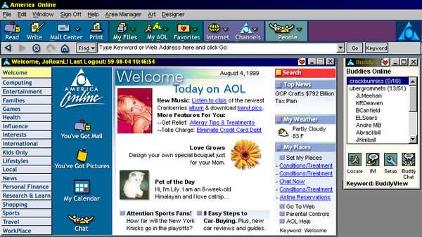 A screen grab of an AOL homepage in 1999