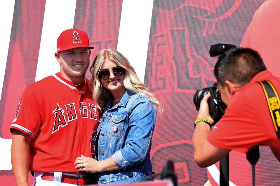 ANAHEIM, CA - MARCH 24: Mike Trout #27 of the Los Angeles Angels of Anaheim poses for a photo with his wife Jessica after press conference to discuss his new 12-year, $430 million contract extension at Angel Stadium of Anaheim on March 24, 2019 in Anaheim, California. (Photo by Jayne Kamin-Oncea/Getty Images)