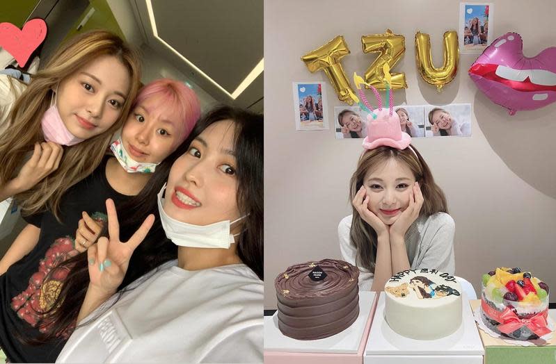 「TWICE」台灣成員周子瑜（右圖）昨迎接22歲生日，她今天和成員MOMO（左圖右）、彩瑛（左圖中）一起上廣播節目宣傳。（翻攝自TWICE Instagram）