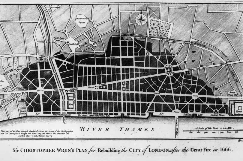 A black and white map showing Sir Christopher Wren's plans for rebuilding the City of London after the Great Fire of 1666