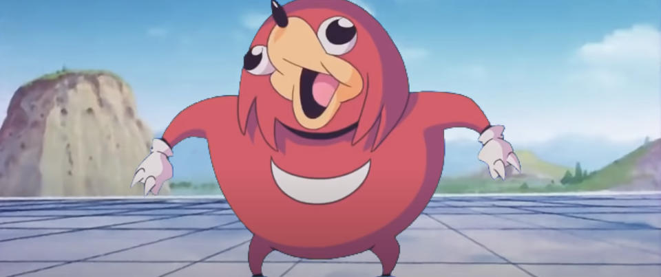 Ugandan Knuckles meme stands with arms outstretched in an animated landscape