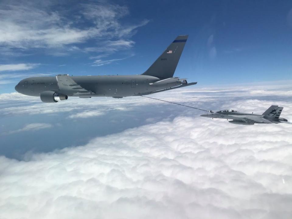 <em>A KC-46 refuels a Navy F/A-18F Super Hornet (U.S. Navy)</em>