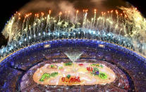 <p>Fireworks explode during the closing ceremony at the 2016 Rio Olympics. (REUTERS/Pawel Kopczynski) </p>