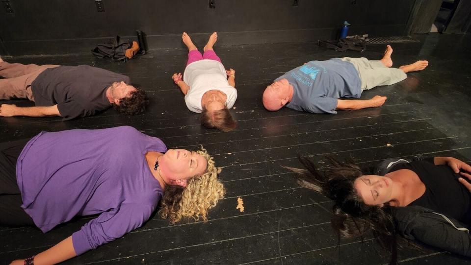 The cast of Annie Baker's "Circle Mirror Transformation" go through a theater exercise in a production at Cotuit Center for the Arts.