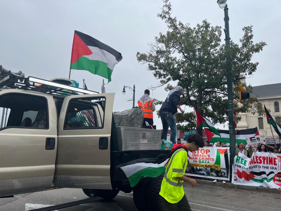 Organizers began the protest on Beale Street, and chanted rallying cries from a large pickup truck in Memphis, Tenn. on Sunday, October 29, 2023.