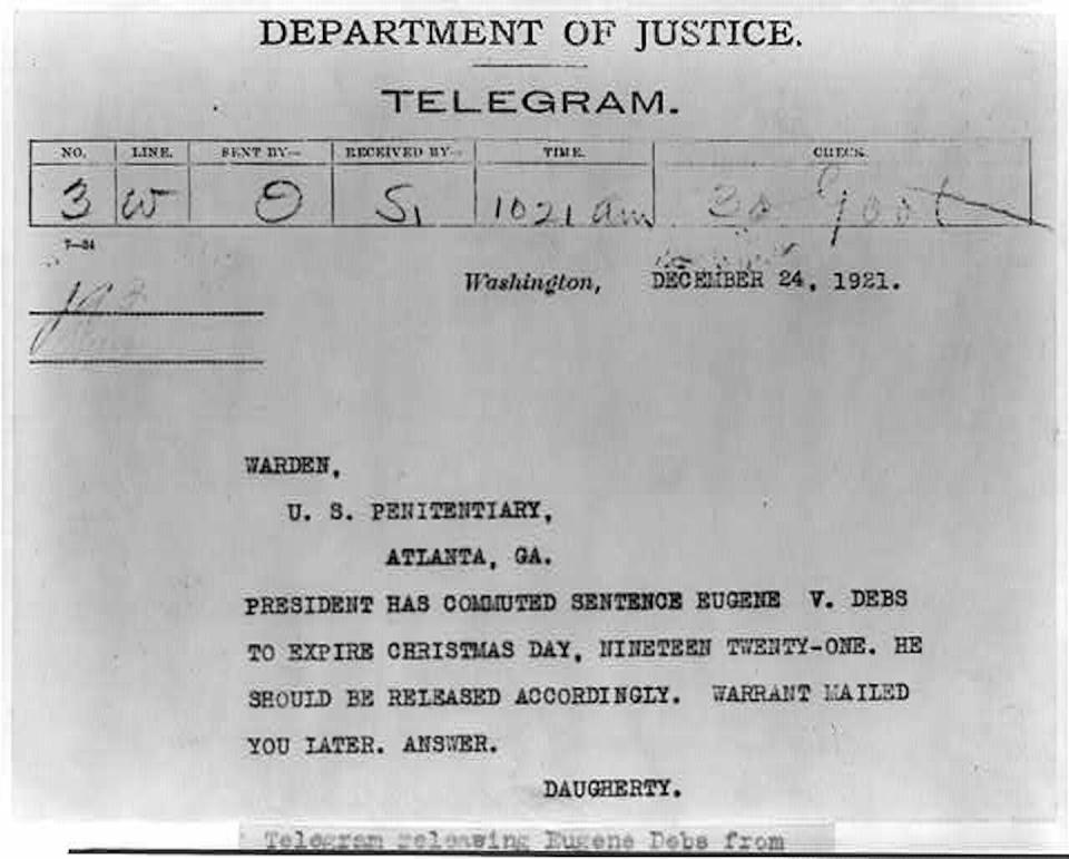 One year after the election of 1920, President Harding commuted Debs’ sentence and he was released from prison on Christmas Day, 1921. <a href="https://www.loc.gov/item/2002697246/" rel="nofollow noopener" target="_blank" data-ylk="slk:Library of Congress;elm:context_link;itc:0;sec:content-canvas" class="link ">Library of Congress</a>