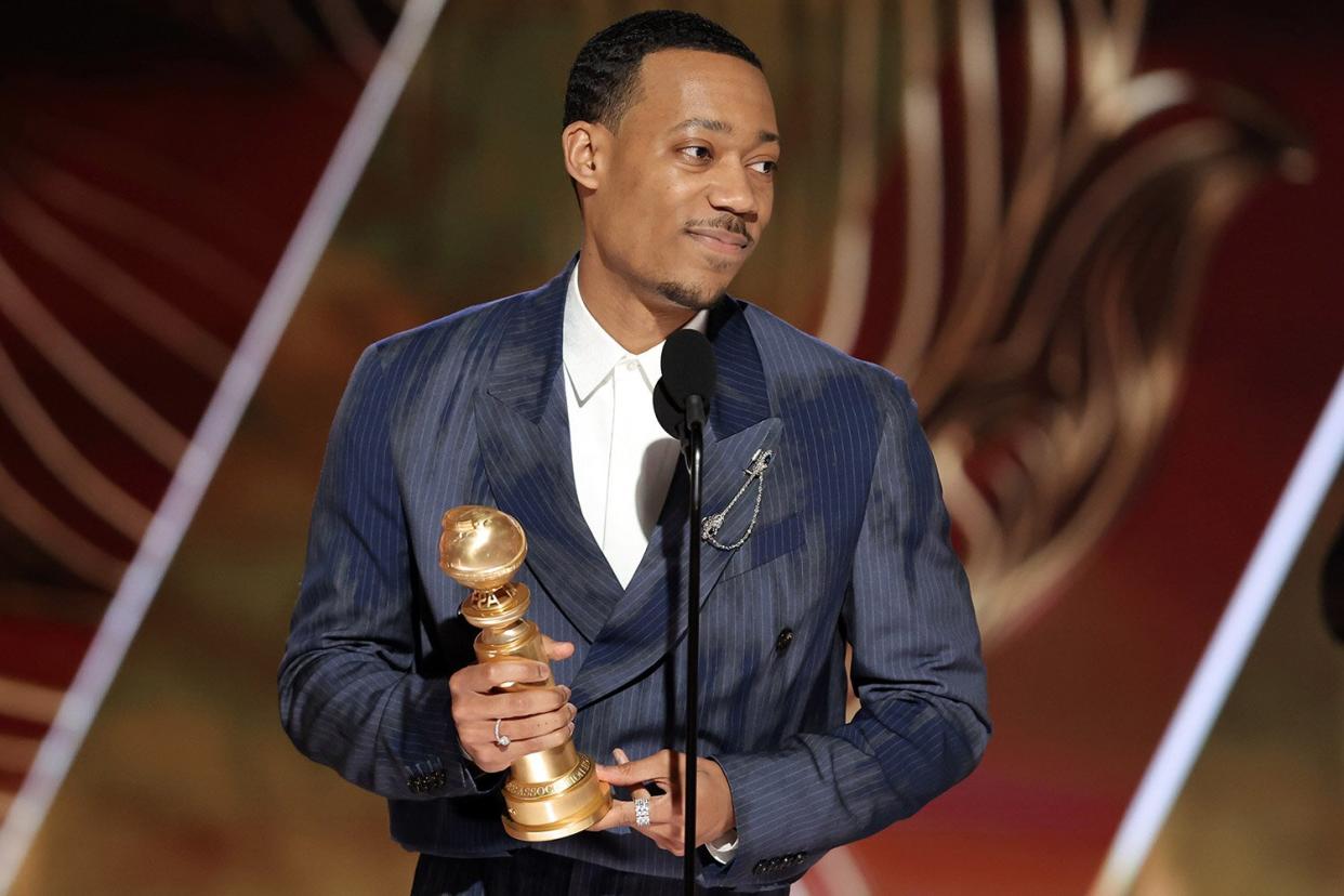 Tyler James Williams accepts the Best Supporting Actor in a Television Series – Musical-Comedy or Drama award for "Abbott Elementary" onstage at the 80th Annual Golden Globe Awards held at the Beverly Hilton Hotel on January 10, 2023 in Beverly Hills, California.