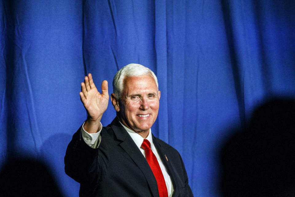 Vice President Mike Pence speaks at the Republican Party of Pennsylvania state dinner at the Radisson Hotel Harrisburg in Camp Hill, Pa., June 6, 2019. (Dan Gleiter/The Patriot-News via AP)