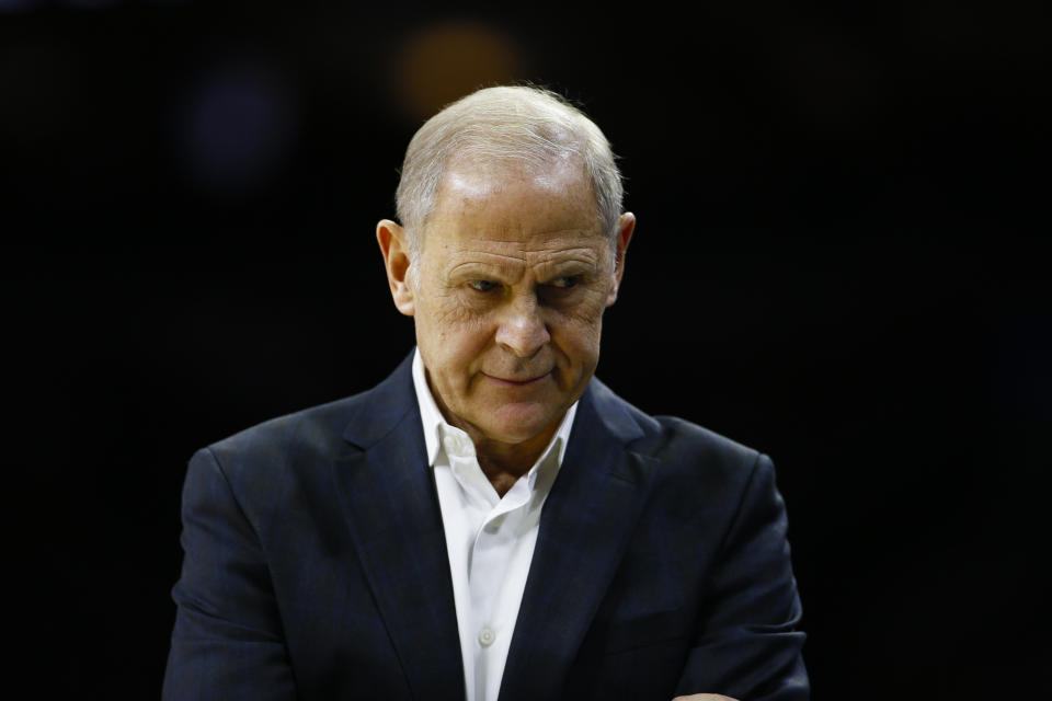 Cleveland Cavaliers' John Beilein coaches during an NBA basketball game against the Philadelphia 76ers, Tuesday, Nov. 12, 2019, in Philadelphia. (AP Photo/Matt Slocum)