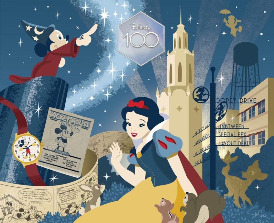 An illustration created for the The Walt Disney Company 100th anniversary showing Disney history