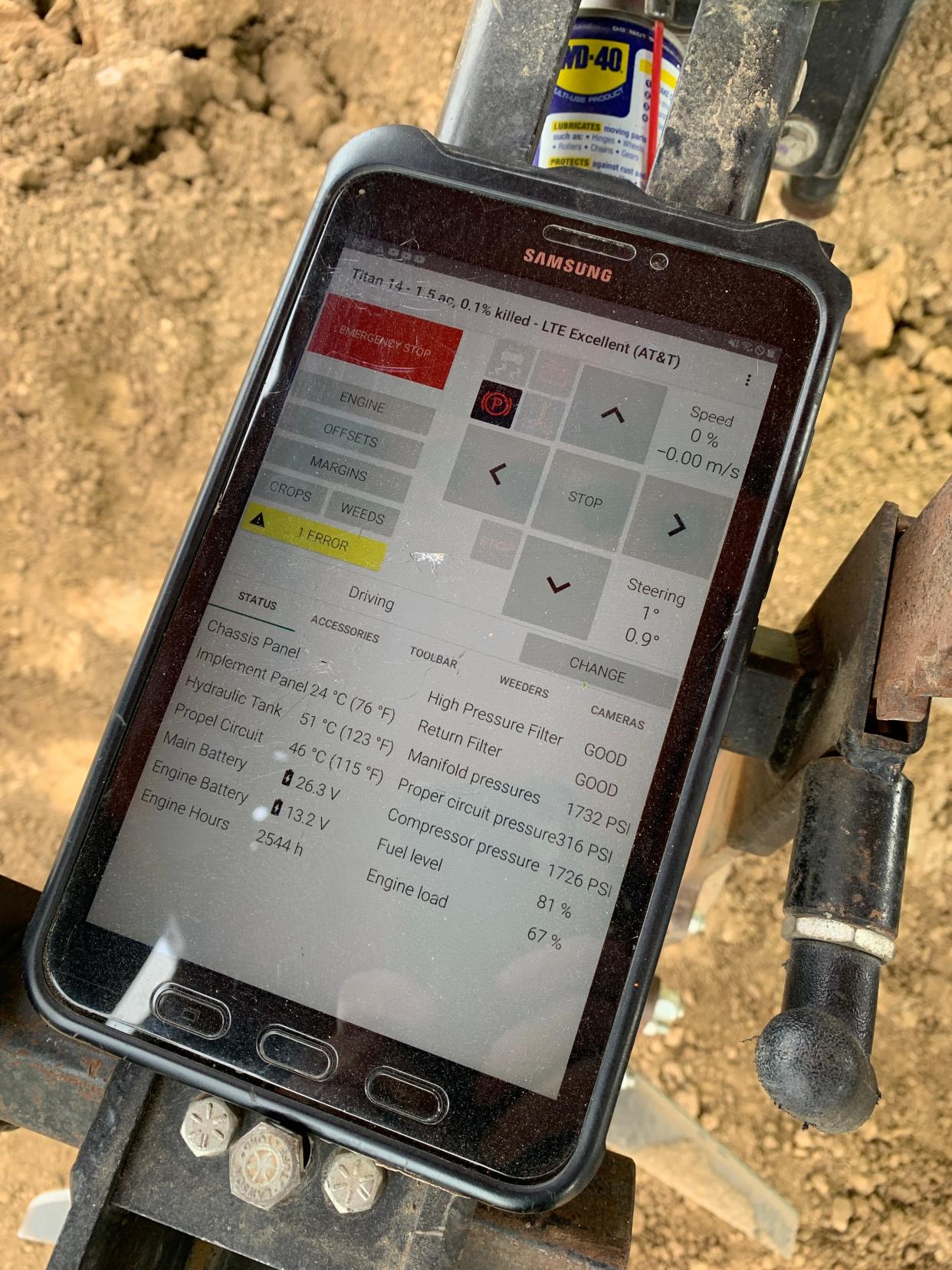 The tracking tablet on a FarmWise agricultural weeding robot.