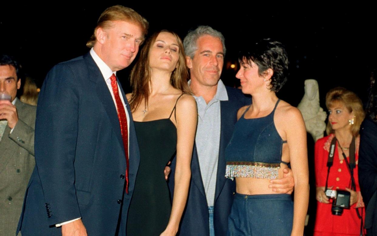 From left, Donald Trump, with future wife Melania Knauss, financier Jeffrey Epstein, and British socialite Ghislaine Maxwell  - Archive Photos