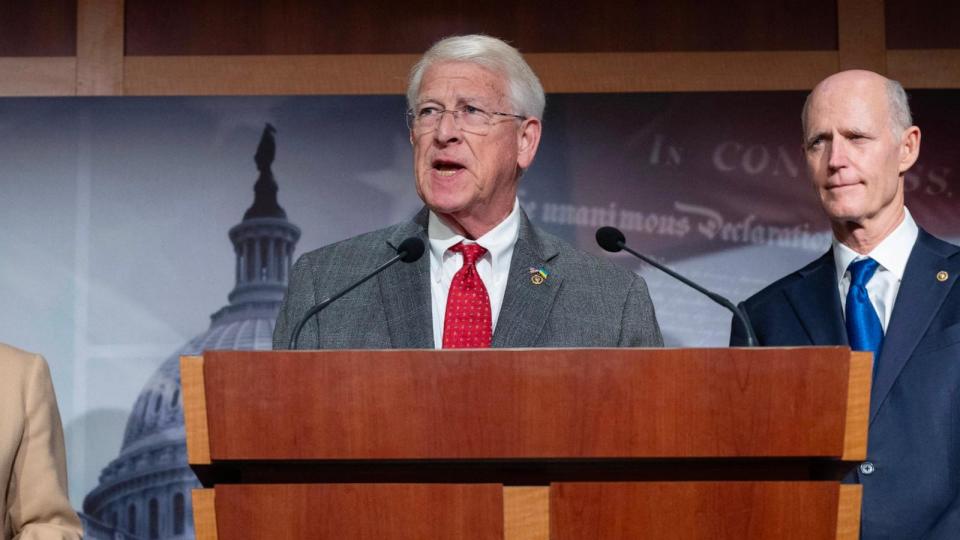 PHOTO: Sen. Roger Wicker, R-Miss., speaks during a press conference alongside Sen. Tim Scott, R-Fla., right, and Sen. Deb Fischer, R-Neb., at Capitol Hill, Jan. 11, 2024, in Washington. (Andrew Caballero-Reynolds/AFP via Getty Images)