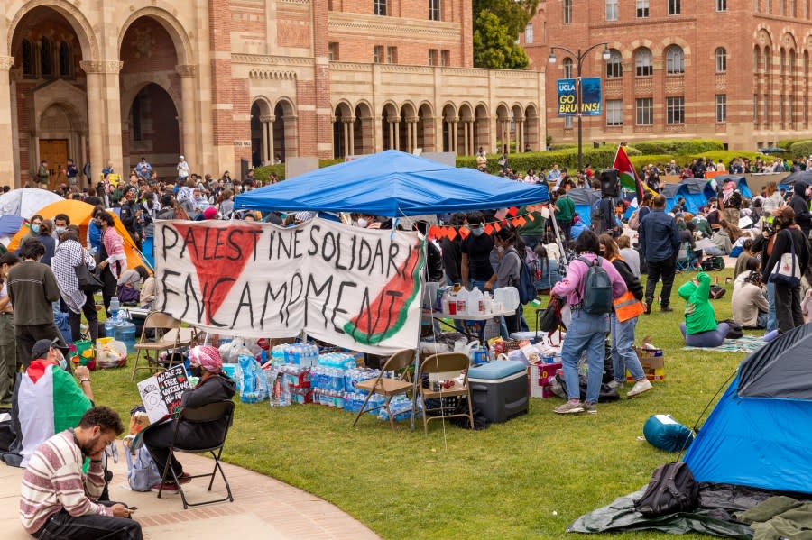 LOS ANGELES, CALIFORNIA – APRIL 25: Students encampment protest at the University of California, Los Angeles in solidarity with Palestinian people, in Los Angeles, California, United States on April 25, 2024. (Photo by Grace Yoon/Anadolu via Getty Images)