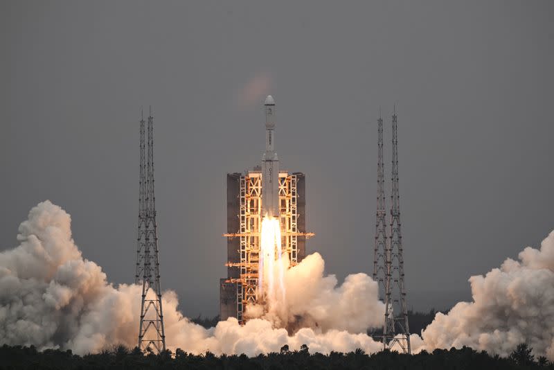 Long March-8 rocket, carrying the relay satellite Queqiao-2 for Earth-Moon communications, blasts off in Hainan