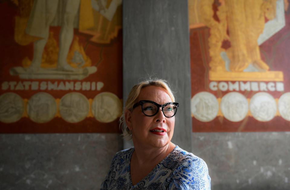 Metro Nashville Councilmember Olivia Hill stands inside the Historic Metro Courthouse in Nashville, Tenn., Tuesday, Sept. 26, 2023. Hill is the first openly transgender person elected in Nashville and Tennessee.