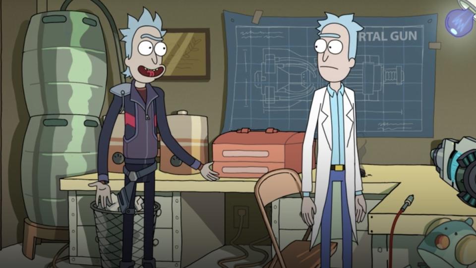 A rick in a black travel suit with spiked hair talked to a Rick in a labcoat and blue pants on Rick and Morty