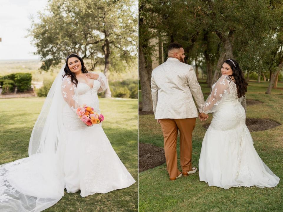 A side-by-side of a bride and the same bride and a groom on their wedding day.