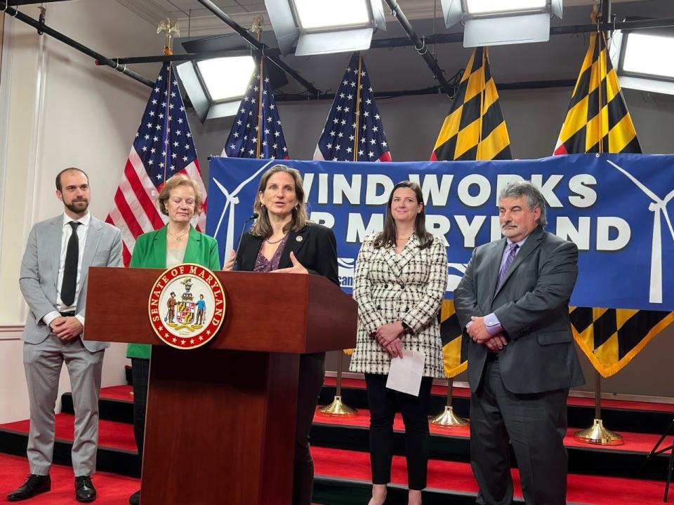 Del. Lorig Charkoudian, D-Montgomery, speaks in support of the POWER Act during a press conference in Annapolis on March 7, 2023. Charkoudian is a sponsor of the House bill.