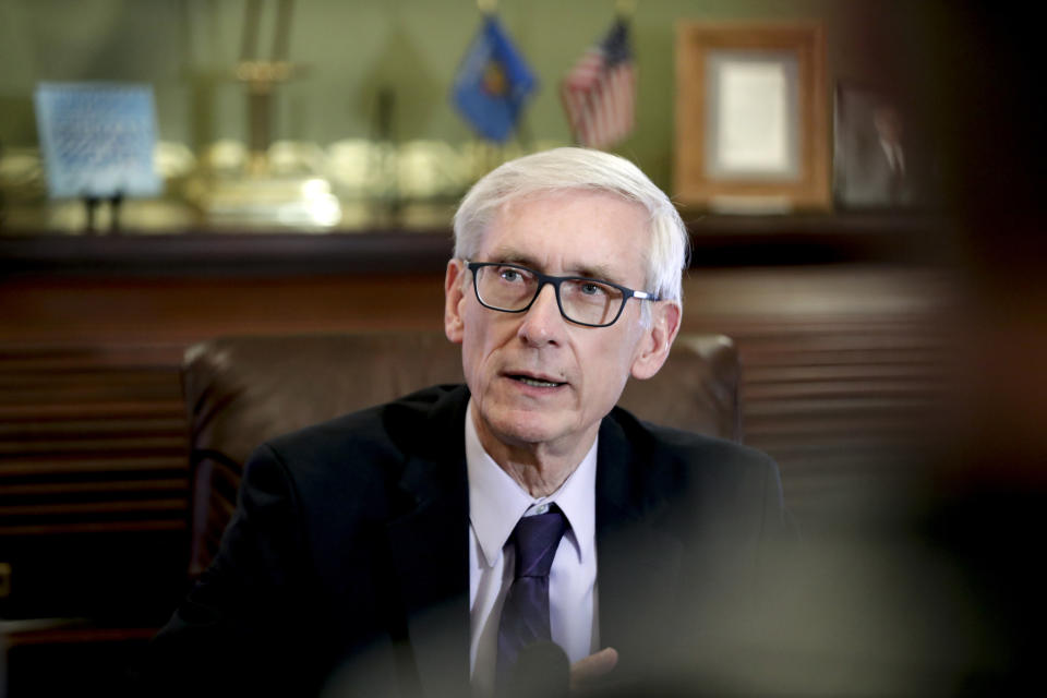 Wisconsin Gov. Tony Evers answered reporters questions at the State Capitol in Madison, Wisc., Thursday, March 21, 2019, after a Dane County judge has blocked the lame duck laws that Republicans passed in December to limit the power of the governor and attorney general. (Steve Apps/Wisconsin State Journal via AP)