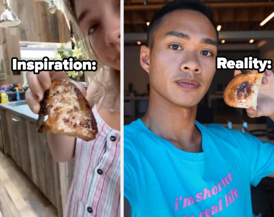 (left) florence pugh holding up her marmite butter toast (right) author holding up his version of marmite butter toast