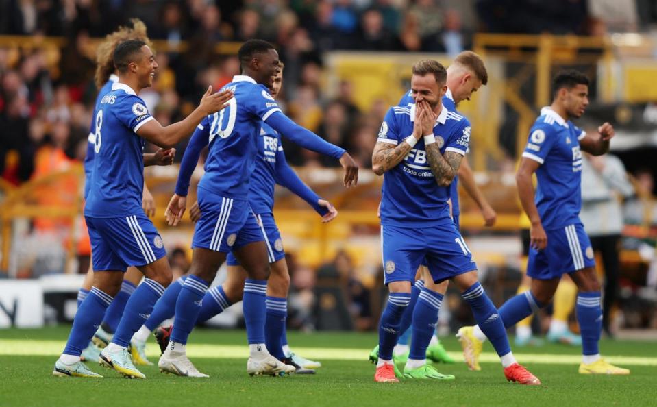 Leicester celebrate their opener scored by Youri Tielemans, left (REUTERS)