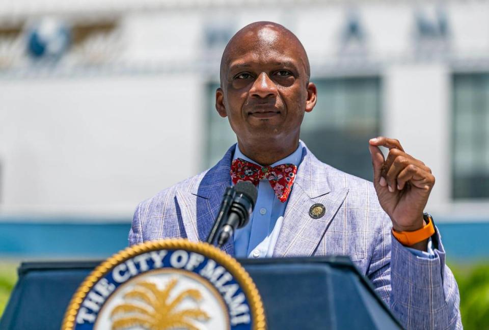 Miami Gardens Mayor Oliver Gilbert speaks during a COVID-19 press conference outside of Miami City Hall in Coconut Grove, Florida on Monday, June 22, 2020. A total of 15 Miami-Dade mayors gathered to announce stricter enforcement of COVID-19 rules across the county.