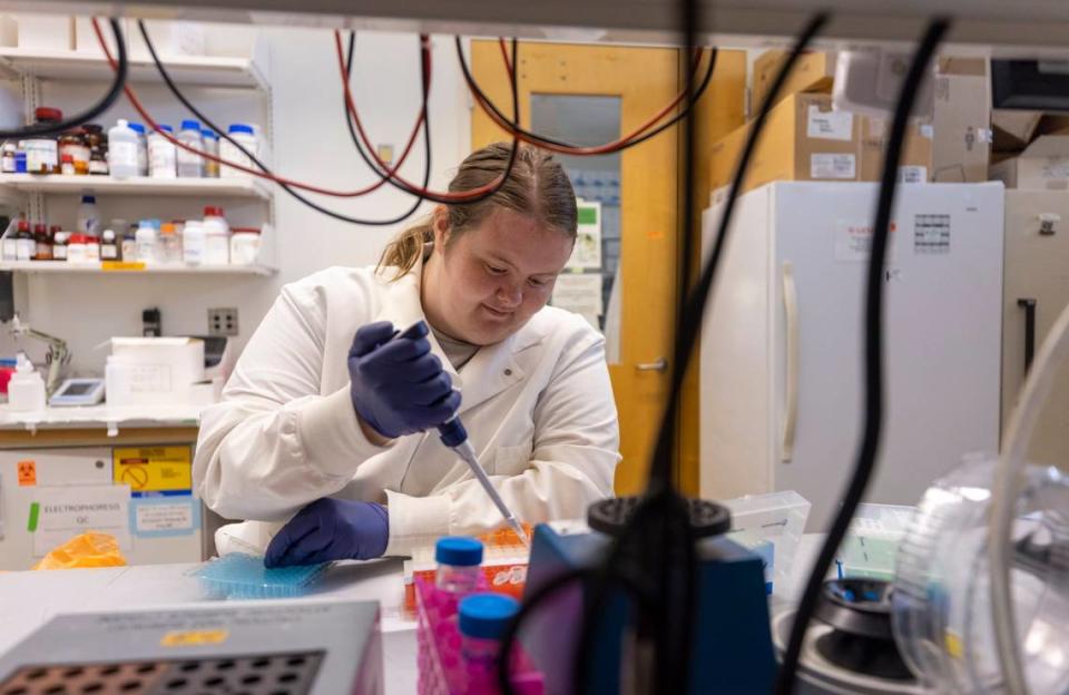 Lab Analyst, Lena Smith, works in the Duke Human Vaccine Institute research lab analyzing proteins on Wednesday, July 13, 2022 in Durham, N.C.