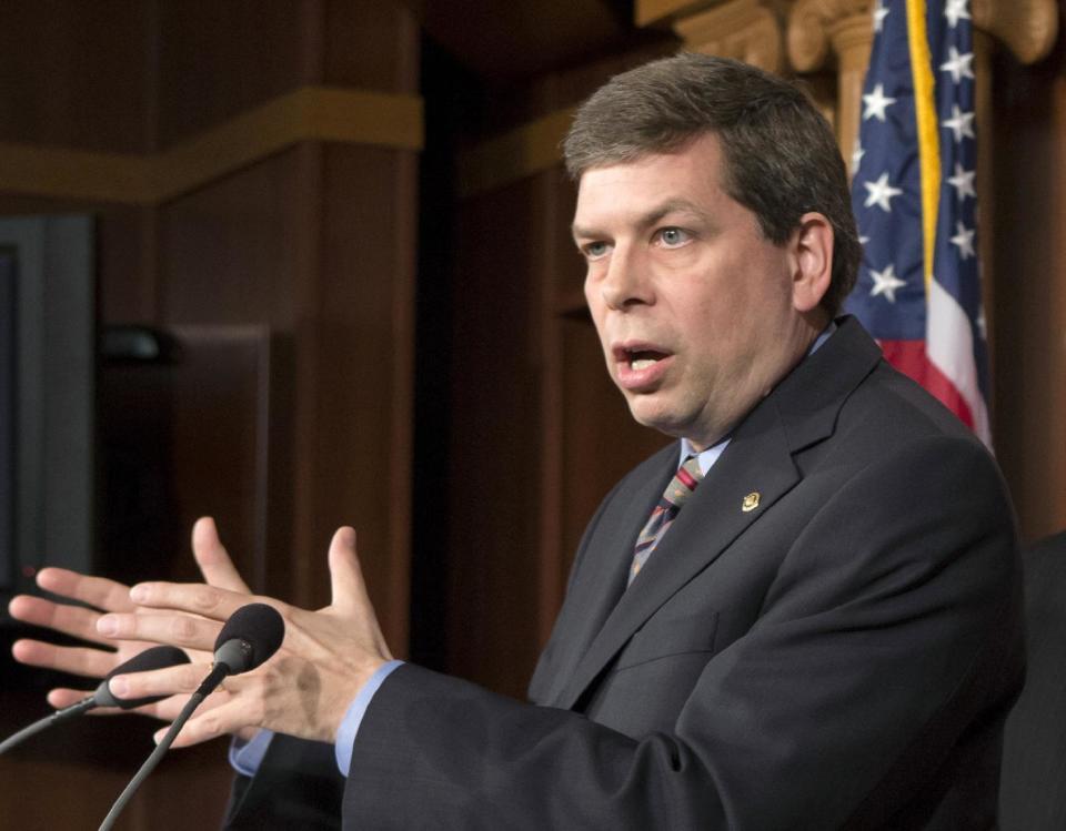 FILE - In this March 6, 2013 file photo, Sen. Mark Begich, D-Alaska speaks on Capitol Hill in Washington. The political climate for “Obamacare” suddenly looks brighter, possibly giving Democrats a chance to fight back on the GOP’s top issue this fall. Democrats in at least one tight Senate race are openly embracing the new health law’s popular features, but several others are holding back. Republicans say the somewhat upbeat news _ higher enrollments, and lower cost projections _ won’t do much to change Americans’ negative view of the health care law. (AP Photo/J. Scott Applewhite, File)