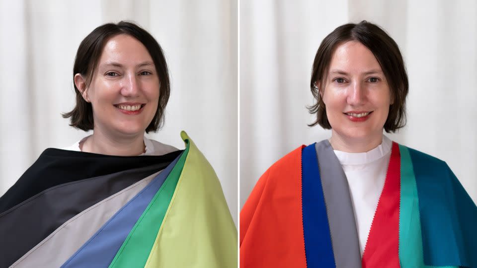 The author pictured with different combinations of colored drapes during her consultation. - Noemi Cassanelli/CNN