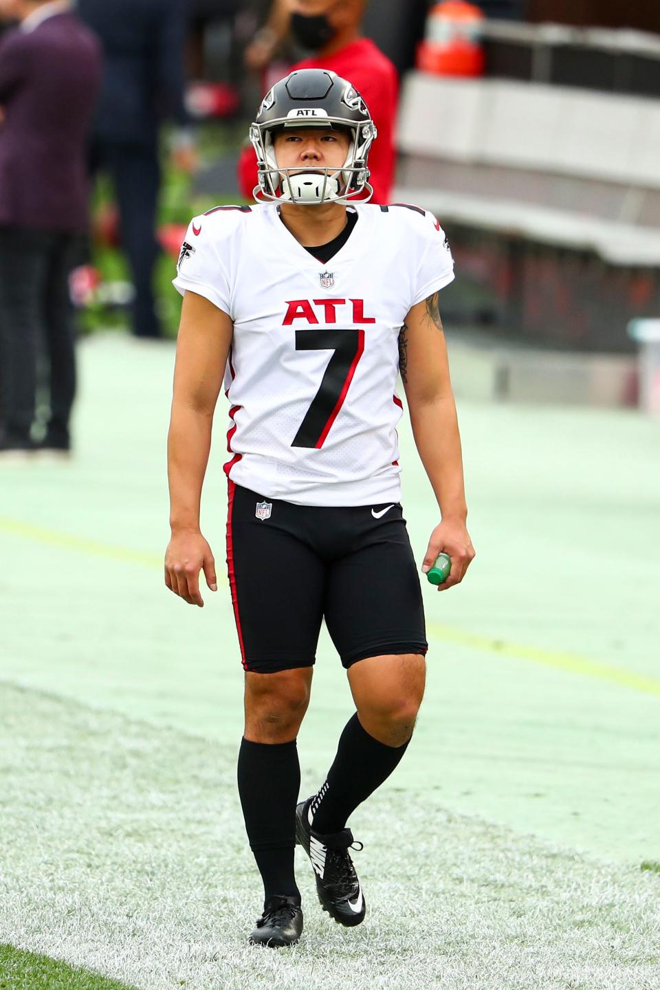 Atlanta Falcons kicker Younghoe Koo (7) looks on prior to an NFL football game against the Tampa Bay Buccaneers, Sunday, Jan. 3, 2021, in Tampa, Fla. (AP Photo/Kevin Sabitus)