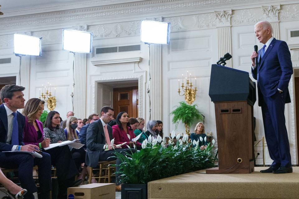 President Joe Biden responds to a question from a reporter during a press conference a day after the US midterm elections.